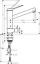Hansgrohe Küchenarmatur mit Hebelgriff und Auslauf. Technische Details und Maße sind im Diagramm dargestellt. Anschlussmöglichkeiten und weitere Spezifikationen sind beschrieben.